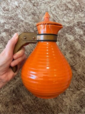 Vintage Bauer Pottery Orange Carafe wood handle